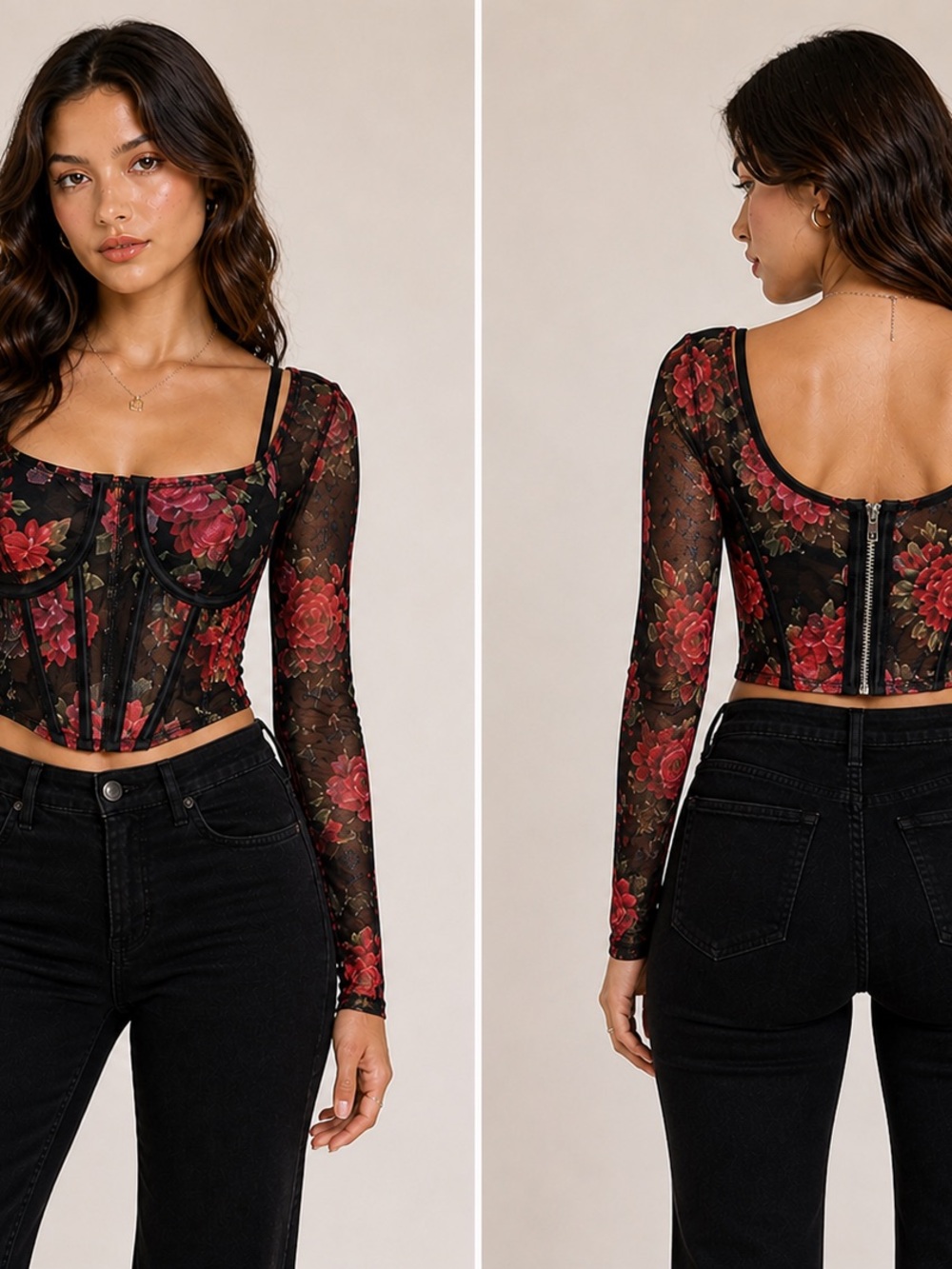 Fashion Nova Black Mesh Floral Underwire Bustier - Pink Roses